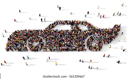 Large And Diverse Group Of People Seen From Above Gathered Together In The Shape Of A Race Car, 3d Illustration
