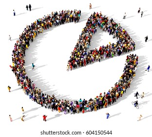 Large and diverse group of people seen from above, gathered together in the shape of a pie chart with a slice, 3d illustration