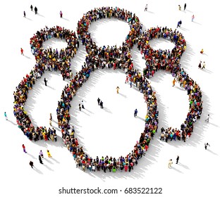 Large And Diverse Group Of People Seen From Above, Gathered Together In The Shape Of A Three Bowling Pins, 3d Illustration