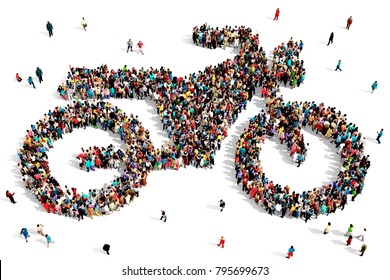 Large And Diverse Group Of People Seen From Above, Gathered Together In The Shape Of A Off Road Motorcycle, 3d Illustration