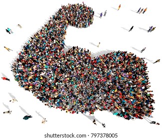 Large and diverse group of people seen from above, gathered together in the shape of a flexed arm with muscles, 3d illustration