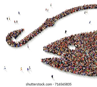 Large And Diverse Groups Of People Gathered Together In The Shape Of A Fishing Symbol, 3d Illustration