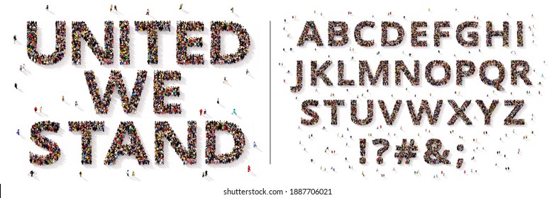 Große und vielfältige Gruppen von Menschen, die von oben gesehen werden, versammelt in Form von Buchstaben und Satzzeichen, 3D-Abbildung
