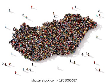 A Large And Diverse Groups Of People Seen From Above Gathered Together In The Shape Of Hungary Map, 3d Illustration
