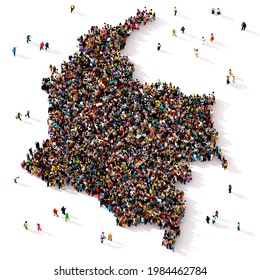 A Large And Diverse Groups Of People Seen From Above Gathered Together In The Shape Of Colombia Map, 3d Illustration