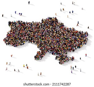 A large and diverse groups of people seen from above gathered together in the shape of Ukraine map, 3d illustration