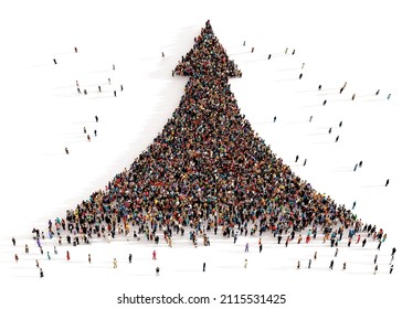 Large and diverse groups of people seen from above gathered together in the shape of a bending up arrow, 3d illustration