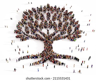 Large and diverse groups of people seen from above gathered together in the shape of large tree, 3d illustration - Powered by Shutterstock