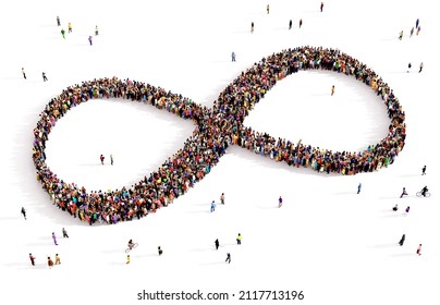 Large and diverse groups of people seen from above gathered together in the shape of infinity symbol, 3d illustration