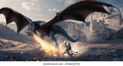 A large dragon with outstretched wings with open mouth, breathing a jet of fire towards the ground close to a knight wearing a suit of armour and holding up a shield for protection.