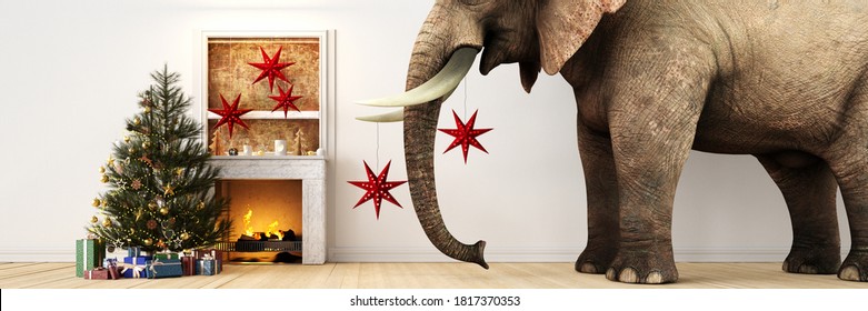 Large elephant stands adorned with paper stars next to the fireplace and Christmas tree in the room at Christmas (3d Rendering)