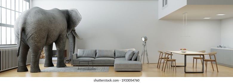 Large elephant stands in the living room of the loft as a space and size concept (3d rendering)