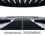 Large empty auditorium with black seats facing a round stage, modern interior design, white background, concept of business presentation. 3D Rendering.