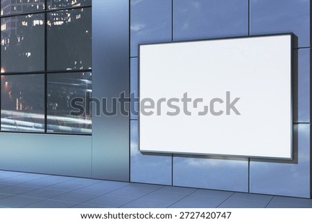 Large empty billboard mockup mounted on a modern glass building wall, realistic 3D rendering with city reflections and tiled floor, concept of advertising