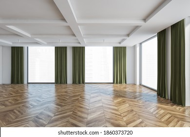 Large Empty Hall With Light Wooden Parquet Floor, Green Curtains On Big Windows With City View And White Walls. Big Living Room With No Furniture, 3D Rendering No People