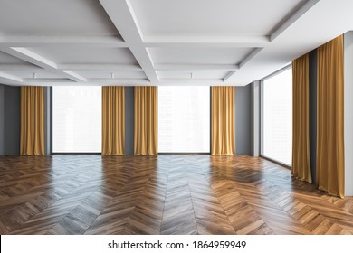 Large Empty Hall With Wooden Parquet Floor, Yellow Curtains On Big Windows With City View And Grey Walls. Big Living Room With No Furniture, 3D Rendering No People