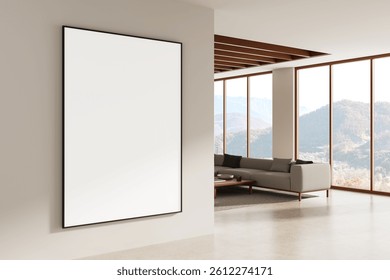 Large empty poster frame on wall in stylish modern living room interior, realistic 3D Rendering, natural mountain view background, concept of design display