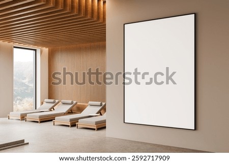 Large empty poster in minimalist space with wood panel walls and lounge chairs. Modern interior design with clean lines and warm tones. 3D Rendering