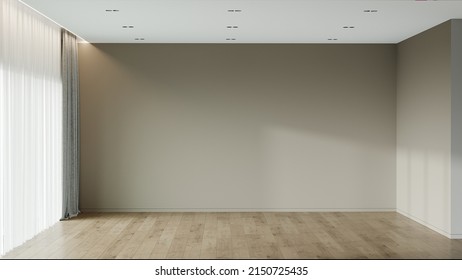 Large Empty Room For Interior Design Blank. Beige Walls And Brown Natural Wood Parquet. Concept Mockup In Mocha Color. Large Living Room Or Bedroom Scene. 3d Rendering