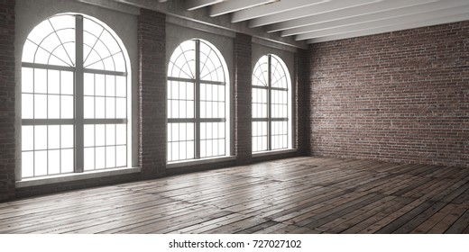Large empty room in loft style with big arched windows. Interior mock up with wooden floor and brick wall. 3D render.