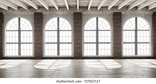 Large empty room in loft style with big arched windows illuminated by sunlight.Interior mock up with wooden floor and brick wall. 3D render.