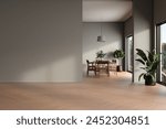 A large empty room with a table and chairs. The room is empty and has a very clean and simple design. 3D Rendering