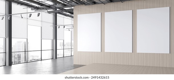 A large empty room with three white walls and a wooden floor. The room is empty and has no furniture. 3D render