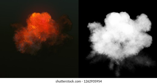 Large Explosion With Black Smoke In Dark With Alpha Channel. 3d Rendering