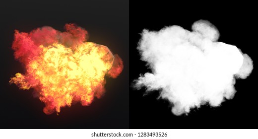 Large Explosion With Black Smoke In Dark With Alpha Channel. 3d Rendering