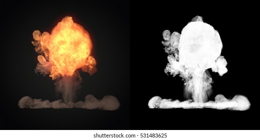 Large Explosion With Black Smoke In Dark With Alpha Channel. 3d Rendering