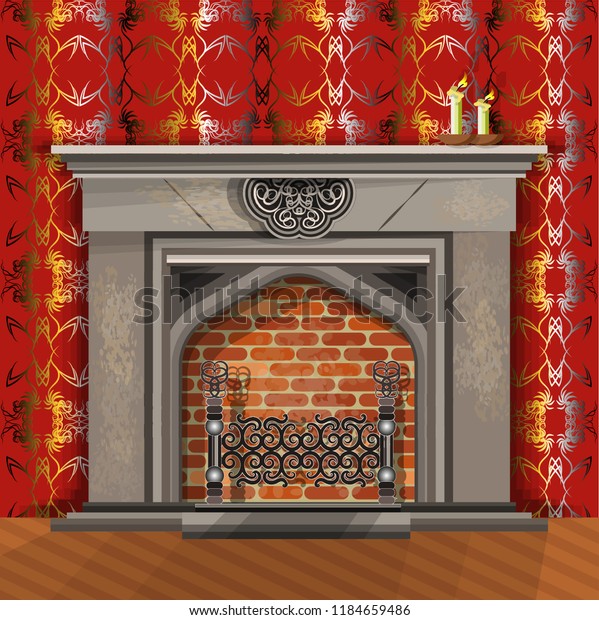 Large Fireplace Fireplace Grate Burning Candles Stock Illustration