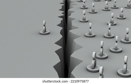 A Large Fissure That Divides People. A Lonely Person Separated From Family And Friends. Abstract Concept Representing Division And Separation. 3D Rendering.