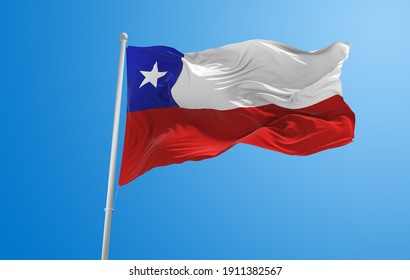 Large flag of Chile  waving in the wind on flagpole against the sky with clouds on sunny day. 3d illustration