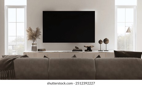 Large flat screen television in living room with dark brown sofa in sunlight from window for interior design decoration, lifestyle product background 3D