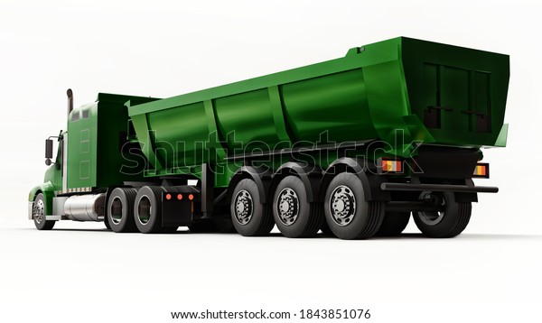 Large green American truck with a trailer\
type dump truck for transporting bulk cargo on a white background.\
3d illustration.