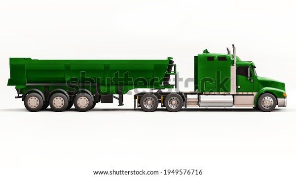 Large green American truck with a trailer\
type dump truck for transporting bulk cargo on a white background.\
3d illustration