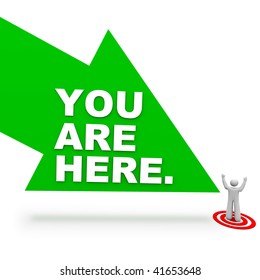 A Large Green Arrow With Words You Are Here Pointing To A Person Standing On A Target Spot