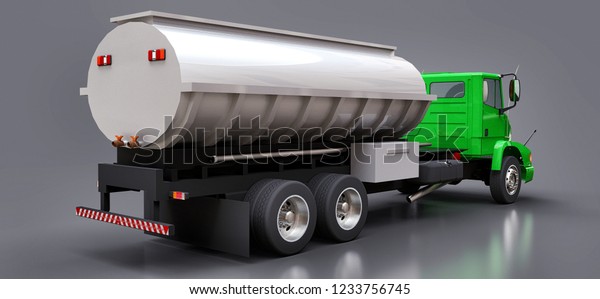 Large green truck tanker with a\
polished metal trailer. Views from all sides. 3d\
illustration.