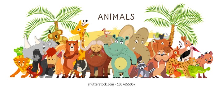 Large Group Animals Cartoon Flat Style Stock Vector (Royalty Free ...