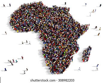Large group of black and white people, seen from above, gathered together in the shape of Africa