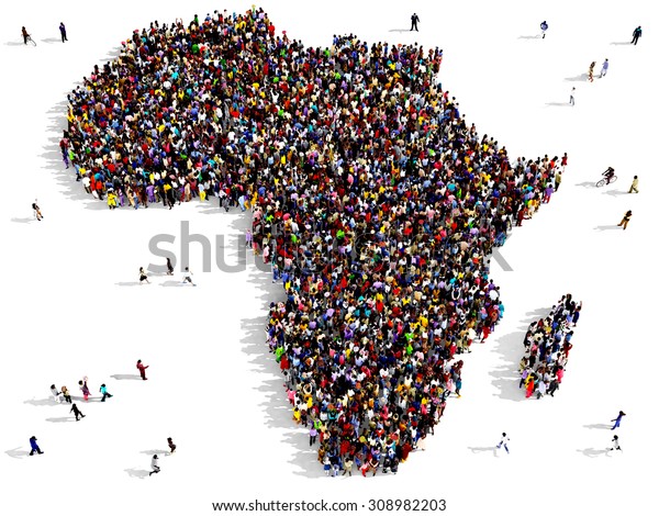 Large group of black and white\
people, seen from above, gathered together in the shape of\
Africa