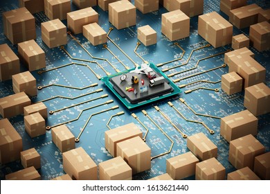 Large Group Of Cardboard Boxes Connected To Microchip. 3D Illustration.