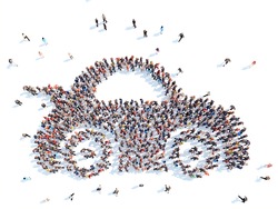 Large Group Of People In The Form Of A Car. Isolated, White Background.