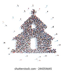 Large Group Of People In The Form Of The Church. Flashmob, Isolated, White Background.