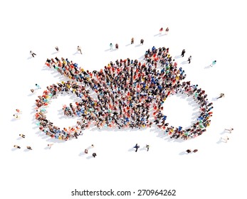 Large Group Of People In The Form Of A Motorcycle. Isolated, White Background.