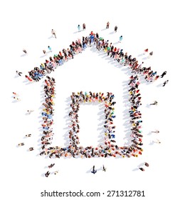 Large Group Of People In The Form Of A Small House. Isolated, White Background.