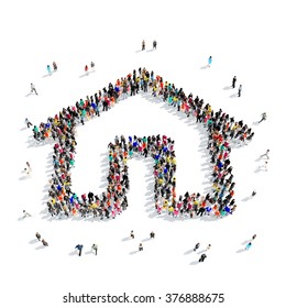 Large Group Of People In The Form Of A Small House. Isolated, White Background.