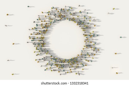 Large group of people forming a circle geometry icon with copy space in social media and community concept on white background. 3d sign of crowd illustration from above gathered together