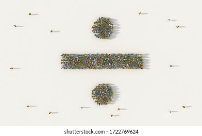 Large Group Of People Forming Division Symbol In Social Media And Community Concept On White Background. 3d Sign Of Crowd Illustration From Above Gathered Together