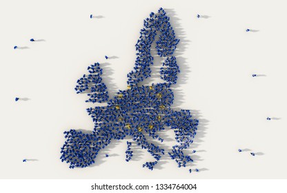 Large Group Of People Forming EU Or European Union Flag Map In Social Media And Community Concept On White Background. 3d Sign Of Crowd Illustration From Above Gathered Together